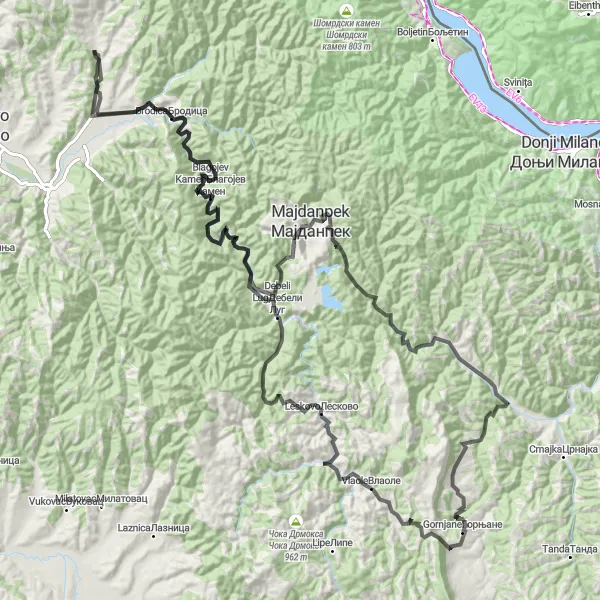 Map miniature of "Majdanpek Loop" cycling inspiration in Region Južne i Istočne Srbije, Serbia. Generated by Tarmacs.app cycling route planner
