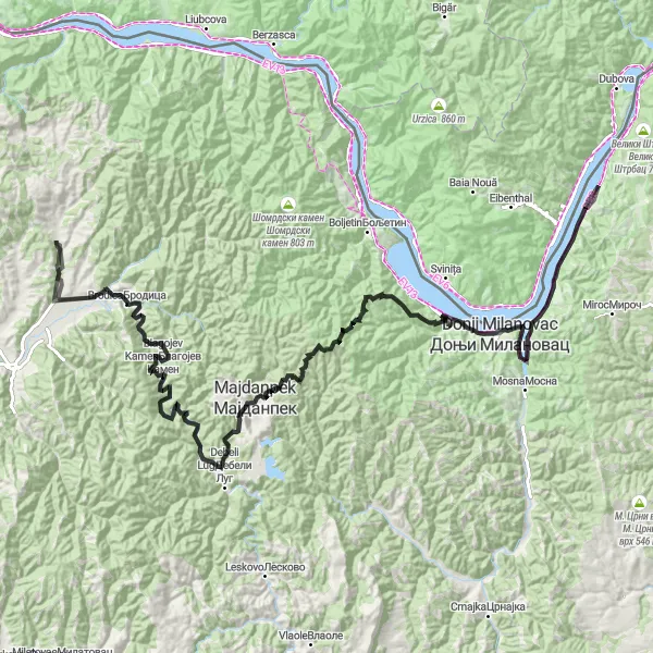 Map miniature of "Duboka Epic Challenge" cycling inspiration in Region Južne i Istočne Srbije, Serbia. Generated by Tarmacs.app cycling route planner