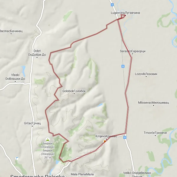 Map miniature of "Lugavčina - Saraorci - Бандера (Оскоруша)" cycling inspiration in Region Južne i Istočne Srbije, Serbia. Generated by Tarmacs.app cycling route planner