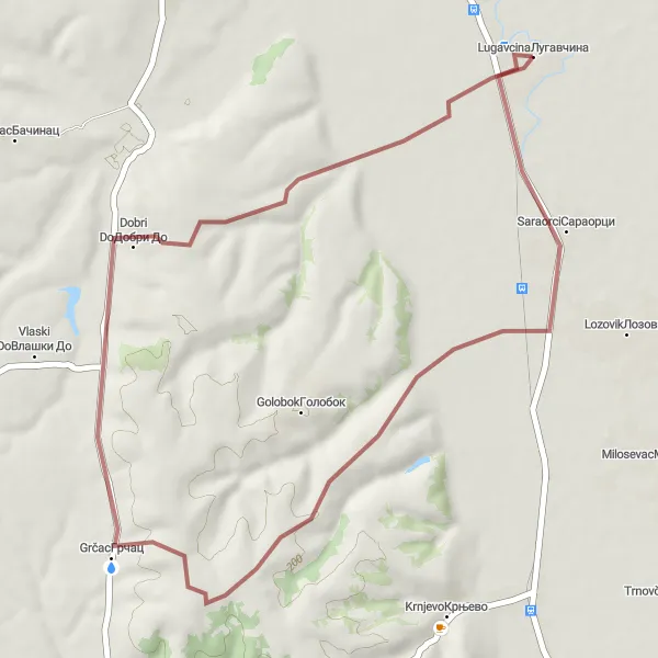 Map miniature of "Lugavčina - Saraorci - Бандера (Оскоруша)" cycling inspiration in Region Južne i Istočne Srbije, Serbia. Generated by Tarmacs.app cycling route planner