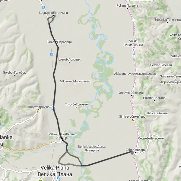 Map miniature of "Lugavčina - Велико Орашје - Zabari" cycling inspiration in Region Južne i Istočne Srbije, Serbia. Generated by Tarmacs.app cycling route planner