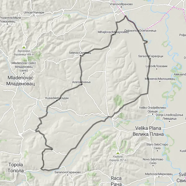 Map miniature of "Krnjevo to Skobalj: A Serene Adventure" cycling inspiration in Region Južne i Istočne Srbije, Serbia. Generated by Tarmacs.app cycling route planner