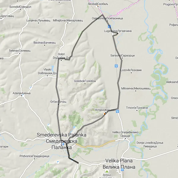 Map miniature of "Lugavčina - Saraorci - Косијери" cycling inspiration in Region Južne i Istočne Srbije, Serbia. Generated by Tarmacs.app cycling route planner