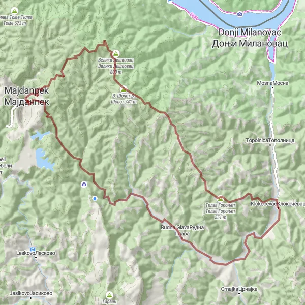 Map miniature of "Majdanpek - Majdanpek gravel route" cycling inspiration in Region Južne i Istočne Srbije, Serbia. Generated by Tarmacs.app cycling route planner