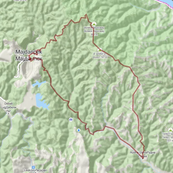 Map miniature of "Gravel Adventure" cycling inspiration in Region Južne i Istočne Srbije, Serbia. Generated by Tarmacs.app cycling route planner