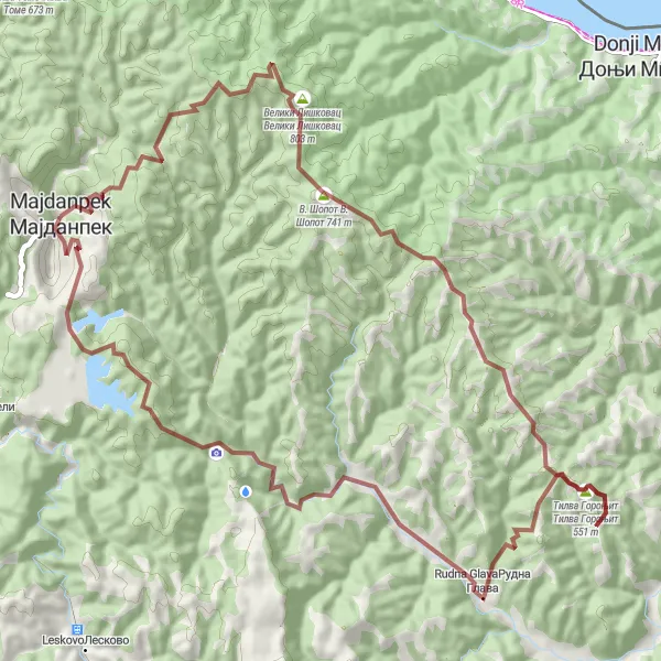 Map miniature of "Gravel Paradise" cycling inspiration in Region Južne i Istočne Srbije, Serbia. Generated by Tarmacs.app cycling route planner