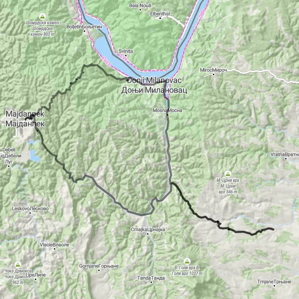Map miniature of "Majdanpek - Majdanpek road route" cycling inspiration in Region Južne i Istočne Srbije, Serbia. Generated by Tarmacs.app cycling route planner
