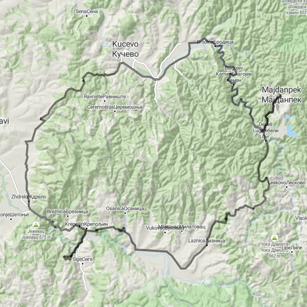 Map miniature of "Serbian Countryside Delight" cycling inspiration in Region Južne i Istočne Srbije, Serbia. Generated by Tarmacs.app cycling route planner