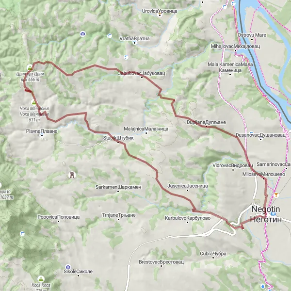 Map miniature of "Negotin Gravel Adventure" cycling inspiration in Region Južne i Istočne Srbije, Serbia. Generated by Tarmacs.app cycling route planner