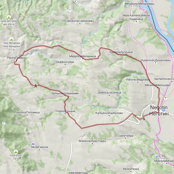 Map miniature of "Negotin - Plavna - Vidikovac II Loop" cycling inspiration in Region Južne i Istočne Srbije, Serbia. Generated by Tarmacs.app cycling route planner