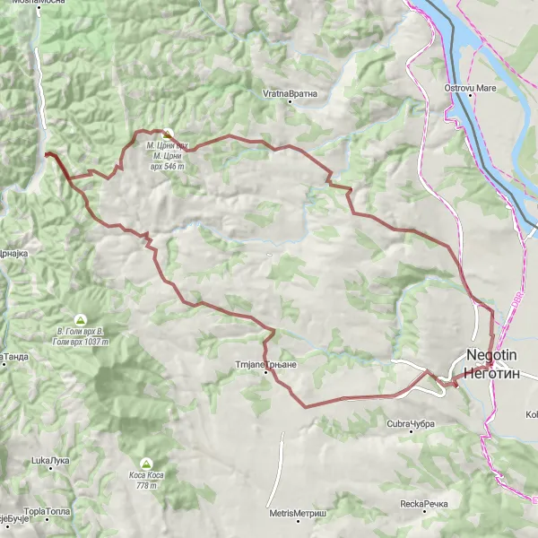 Map miniature of "Negotin - Sarkamen - Klokocevac - Crni vrh - Jabukovac - Milosevo Loop" cycling inspiration in Region Južne i Istočne Srbije, Serbia. Generated by Tarmacs.app cycling route planner