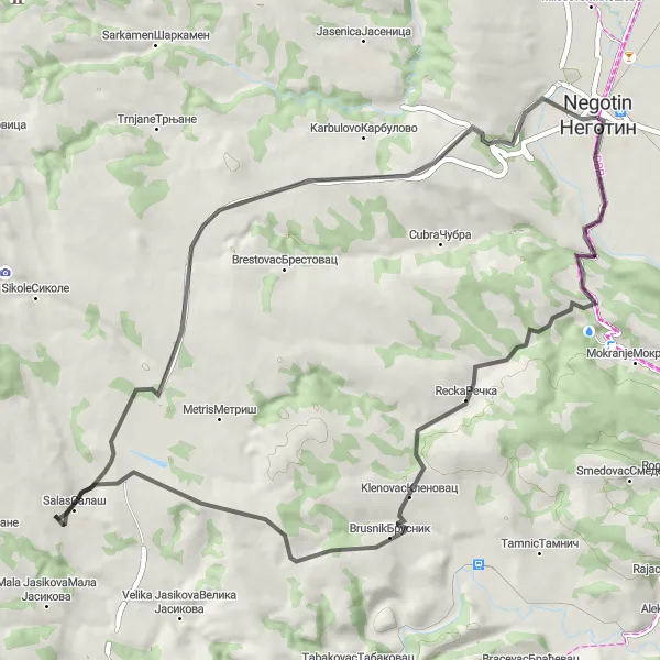 Map miniature of "Negotin - Recka - Brusnik Loop" cycling inspiration in Region Južne i Istočne Srbije, Serbia. Generated by Tarmacs.app cycling route planner