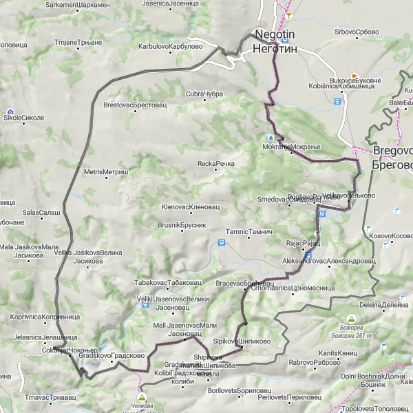 Map miniature of "Negotin - Veljkovo - Sipikovo Loop" cycling inspiration in Region Južne i Istočne Srbije, Serbia. Generated by Tarmacs.app cycling route planner