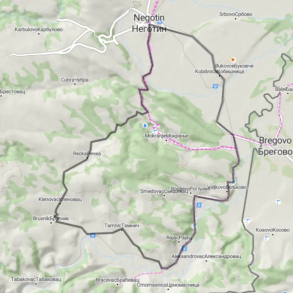 Map miniature of "Negotin to Mokranje Waterfall" cycling inspiration in Region Južne i Istočne Srbije, Serbia. Generated by Tarmacs.app cycling route planner