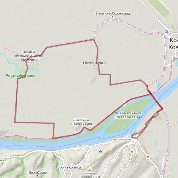 Map miniature of "Smederevo - Plocica Gravel Loop" cycling inspiration in Region Južne i Istočne Srbije, Serbia. Generated by Tarmacs.app cycling route planner