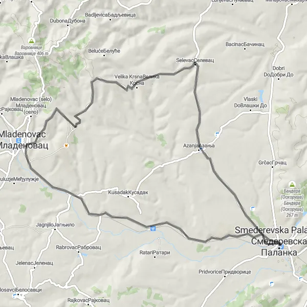 Map miniature of "The Mysterious Azanja" cycling inspiration in Region Južne i Istočne Srbije, Serbia. Generated by Tarmacs.app cycling route planner