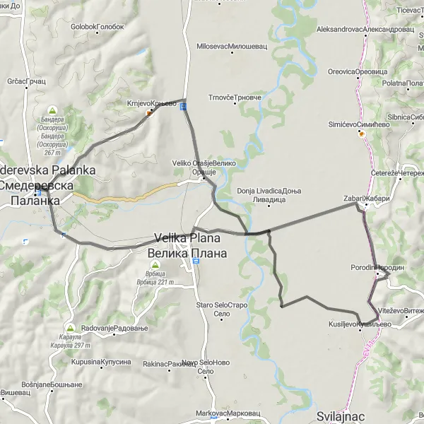 Map miniature of "The Krnjevo Loop" cycling inspiration in Region Južne i Istočne Srbije, Serbia. Generated by Tarmacs.app cycling route planner