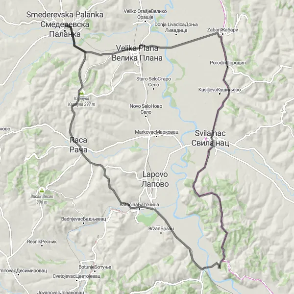 Map miniature of "Exploring Eastern Serbia" cycling inspiration in Region Južne i Istočne Srbije, Serbia. Generated by Tarmacs.app cycling route planner