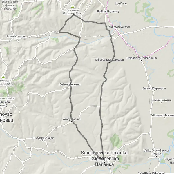 Map miniature of "The Mihajlovac Challenge" cycling inspiration in Region Južne i Istočne Srbije, Serbia. Generated by Tarmacs.app cycling route planner