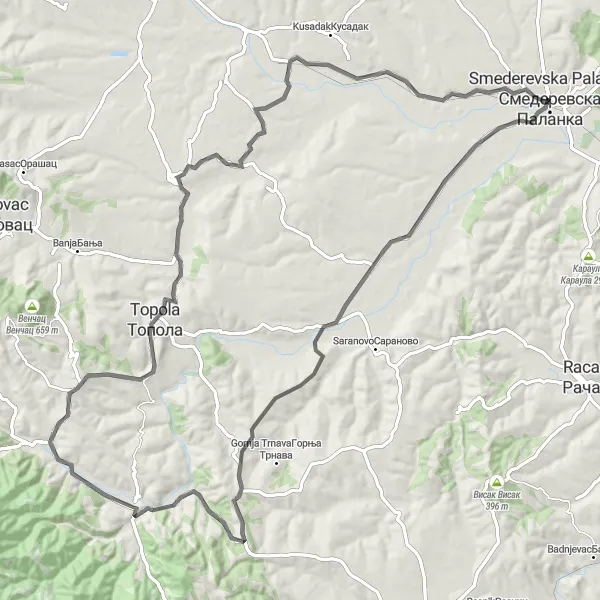 Map miniature of "The Backroads Adventure" cycling inspiration in Region Južne i Istočne Srbije, Serbia. Generated by Tarmacs.app cycling route planner