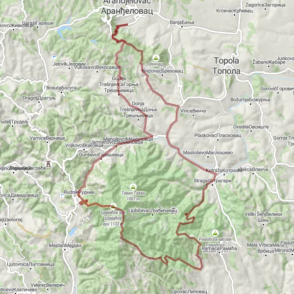 Map miniature of "Gravel Adventure to Bozhurova Glava" cycling inspiration in Region Šumadije i Zapadne Srbije, Serbia. Generated by Tarmacs.app cycling route planner