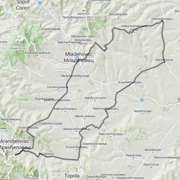 Map miniature of "Exploring Mladenovac" cycling inspiration in Region Šumadije i Zapadne Srbije, Serbia. Generated by Tarmacs.app cycling route planner