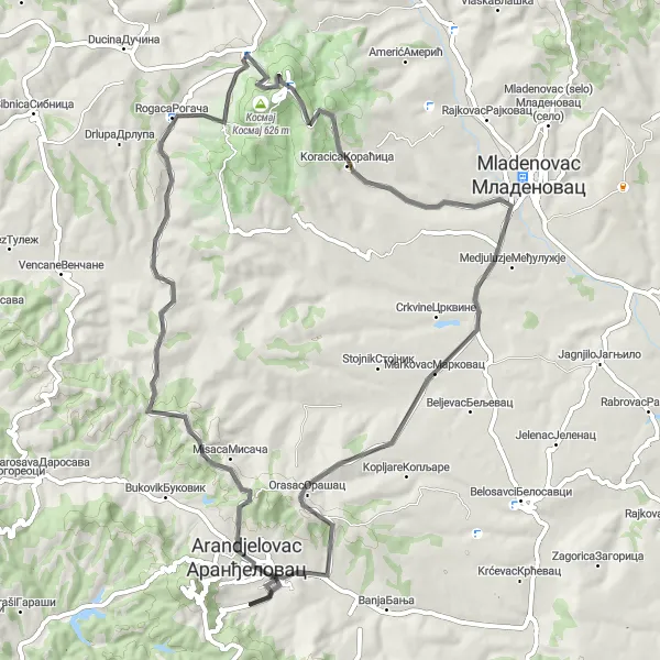 Map miniature of "Arandjelovac Loop" cycling inspiration in Region Šumadije i Zapadne Srbije, Serbia. Generated by Tarmacs.app cycling route planner