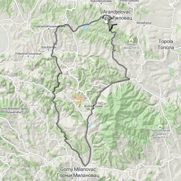 Map miniature of "Sumadija Epic Ride" cycling inspiration in Region Šumadije i Zapadne Srbije, Serbia. Generated by Tarmacs.app cycling route planner