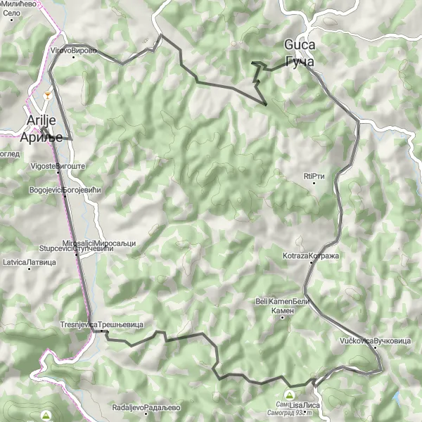 Map miniature of "Cerova and Gucha" cycling inspiration in Region Šumadije i Zapadne Srbije, Serbia. Generated by Tarmacs.app cycling route planner