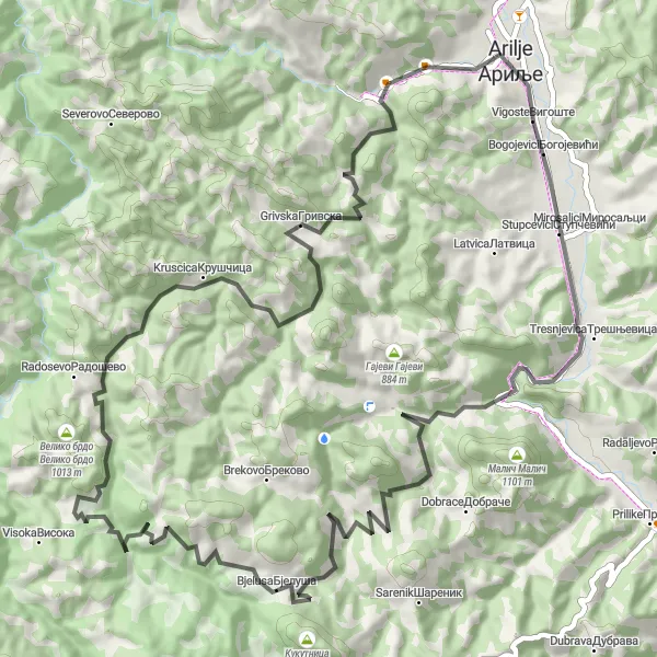 Map miniature of "Anatema and Bjelusa Circuit" cycling inspiration in Region Šumadije i Zapadne Srbije, Serbia. Generated by Tarmacs.app cycling route planner