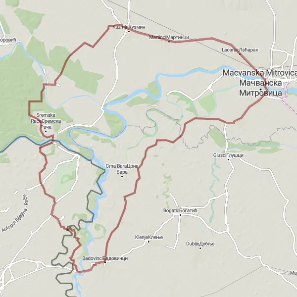 Map miniature of "Visnjicevo and Glogovac Gravel Cycling Route" cycling inspiration in Region Šumadije i Zapadne Srbije, Serbia. Generated by Tarmacs.app cycling route planner