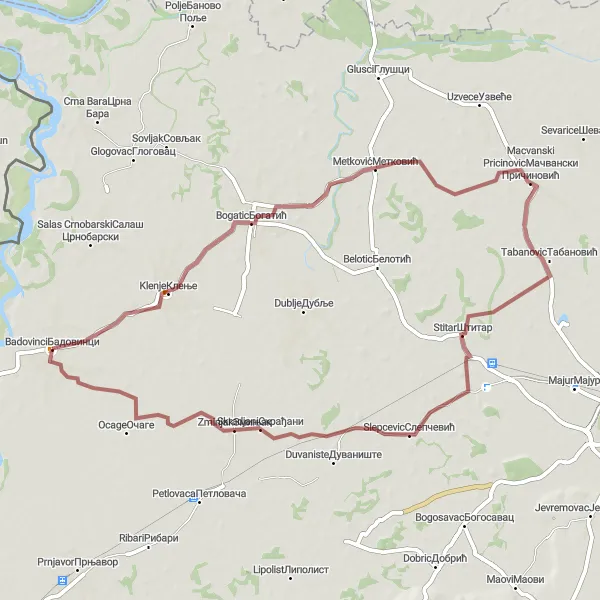 Map miniature of "Exploring the Gravel Paths of Badovinci" cycling inspiration in Region Šumadije i Zapadne Srbije, Serbia. Generated by Tarmacs.app cycling route planner