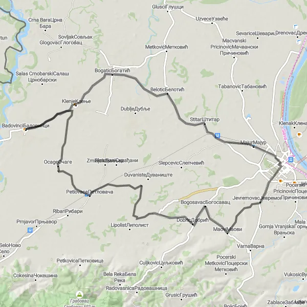 Map miniature of "Bogatic and Petlovaca Road Cycling Route" cycling inspiration in Region Šumadije i Zapadne Srbije, Serbia. Generated by Tarmacs.app cycling route planner