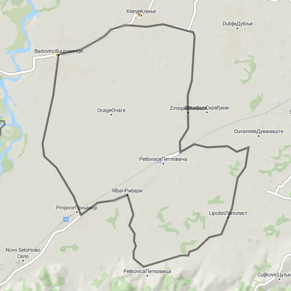 Map miniature of "Zminjak Loop Route" cycling inspiration in Region Šumadije i Zapadne Srbije, Serbia. Generated by Tarmacs.app cycling route planner