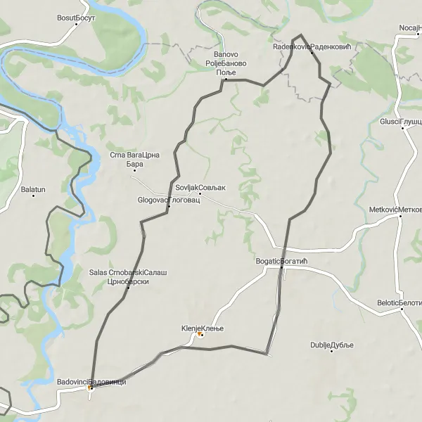 Map miniature of "Badovinci Rural Cycling Route" cycling inspiration in Region Šumadije i Zapadne Srbije, Serbia. Generated by Tarmacs.app cycling route planner