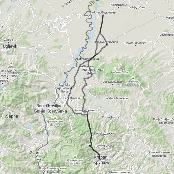 Map miniature of "Prnjavor and Badovinci Road Cycling Route" cycling inspiration in Region Šumadije i Zapadne Srbije, Serbia. Generated by Tarmacs.app cycling route planner