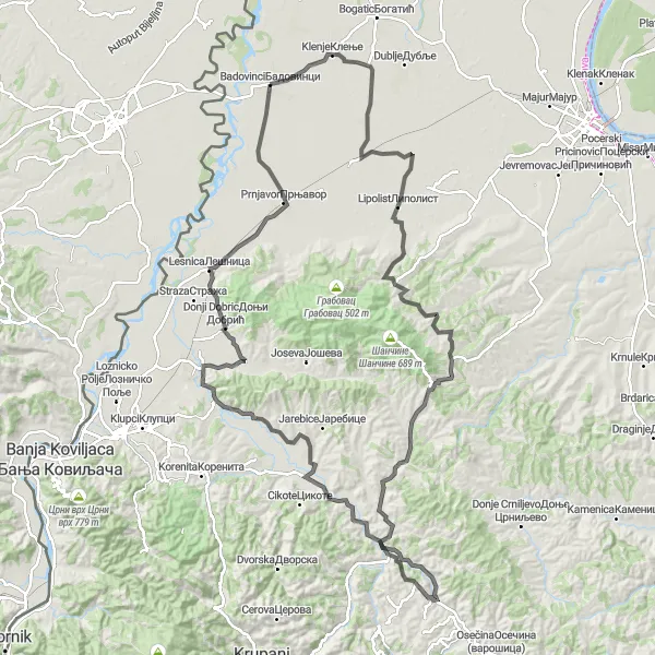 Map miniature of "Zminjak and Ravnaja Road Route" cycling inspiration in Region Šumadije i Zapadne Srbije, Serbia. Generated by Tarmacs.app cycling route planner