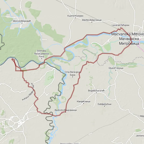 Map miniature of "Gravel Adventure Through Salas Crnobarski" cycling inspiration in Region Šumadije i Zapadne Srbije, Serbia. Generated by Tarmacs.app cycling route planner