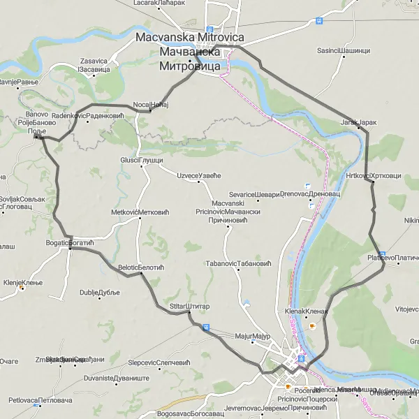 Map miniature of "The Sremska Mitrovica Loop" cycling inspiration in Region Šumadije i Zapadne Srbije, Serbia. Generated by Tarmacs.app cycling route planner