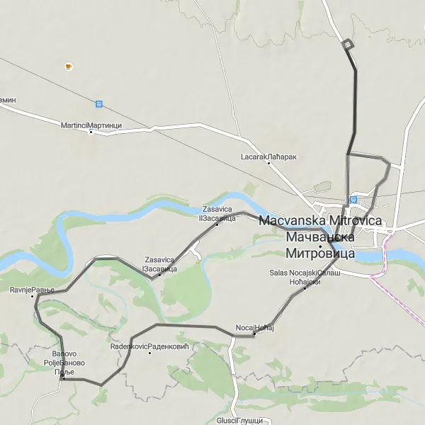 Map miniature of "The Sirmium Ride" cycling inspiration in Region Šumadije i Zapadne Srbije, Serbia. Generated by Tarmacs.app cycling route planner