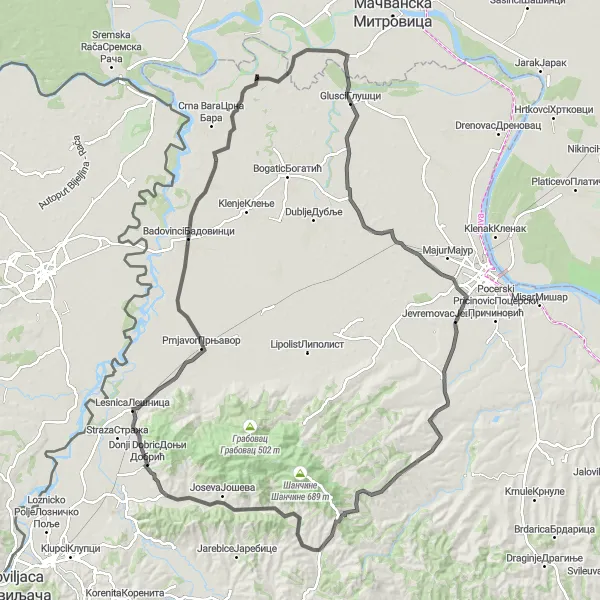 Map miniature of "Glusci Nature Trail" cycling inspiration in Region Šumadije i Zapadne Srbije, Serbia. Generated by Tarmacs.app cycling route planner