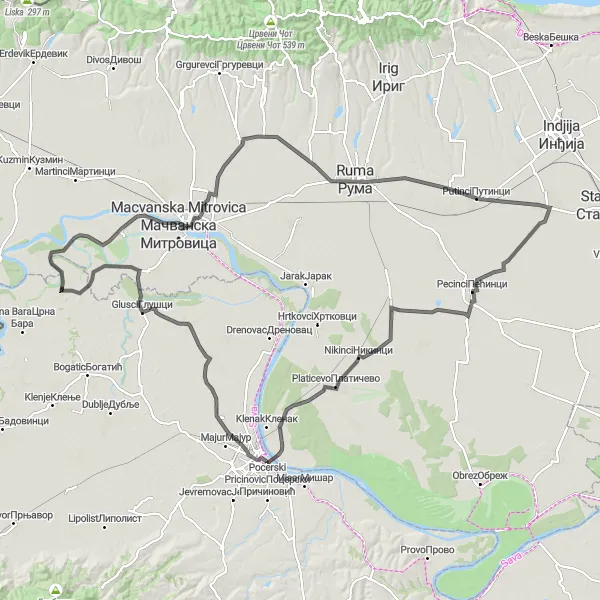 Map miniature of "The Ruma and Golubinci Tour" cycling inspiration in Region Šumadije i Zapadne Srbije, Serbia. Generated by Tarmacs.app cycling route planner