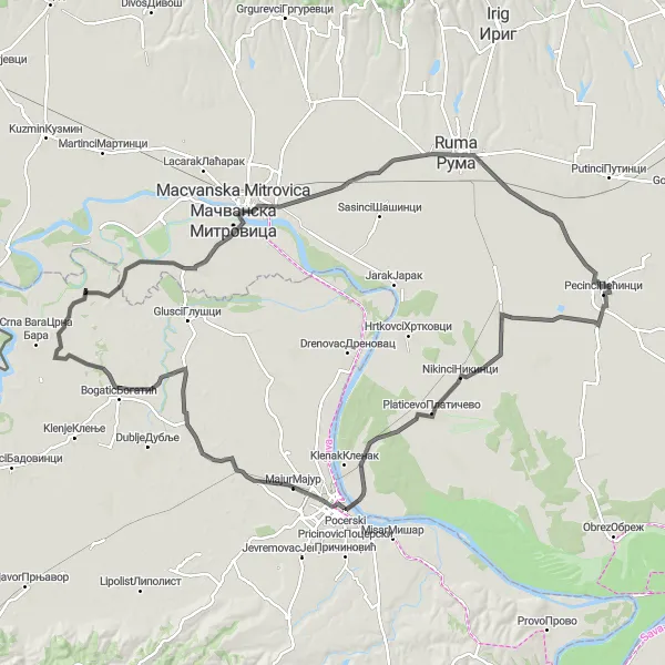 Map miniature of "Ruma Nature Escape" cycling inspiration in Region Šumadije i Zapadne Srbije, Serbia. Generated by Tarmacs.app cycling route planner