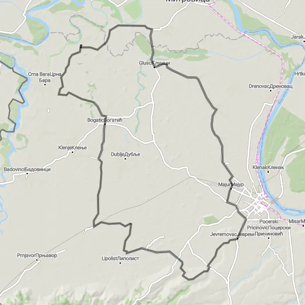 Map miniature of "The Glusci Loop" cycling inspiration in Region Šumadije i Zapadne Srbije, Serbia. Generated by Tarmacs.app cycling route planner