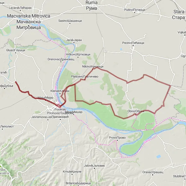 Map miniature of "The Majestic Majur Gravel Adventure" cycling inspiration in Region Šumadije i Zapadne Srbije, Serbia. Generated by Tarmacs.app cycling route planner