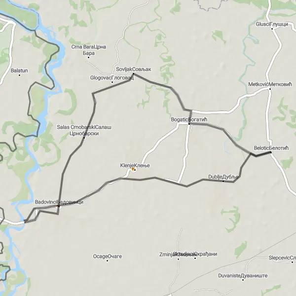 Map miniature of "Badovinci Exploration" cycling inspiration in Region Šumadije i Zapadne Srbije, Serbia. Generated by Tarmacs.app cycling route planner