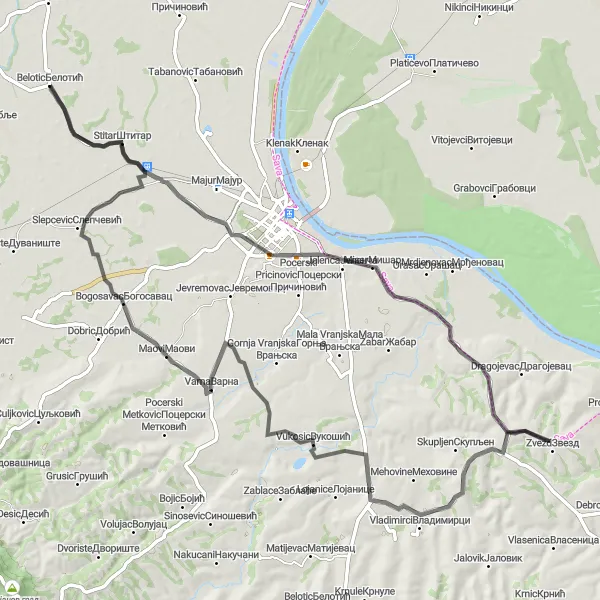 Map miniature of "Maovi Adventure Ride" cycling inspiration in Region Šumadije i Zapadne Srbije, Serbia. Generated by Tarmacs.app cycling route planner