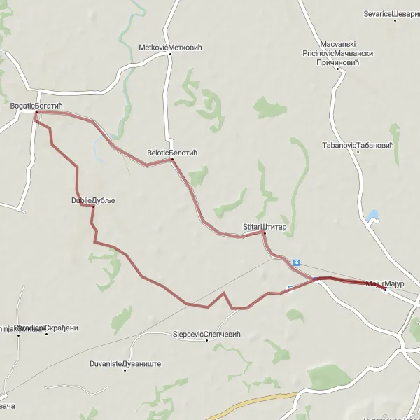 Map miniature of "Gravel Adventure in Majur" cycling inspiration in Region Šumadije i Zapadne Srbije, Serbia. Generated by Tarmacs.app cycling route planner