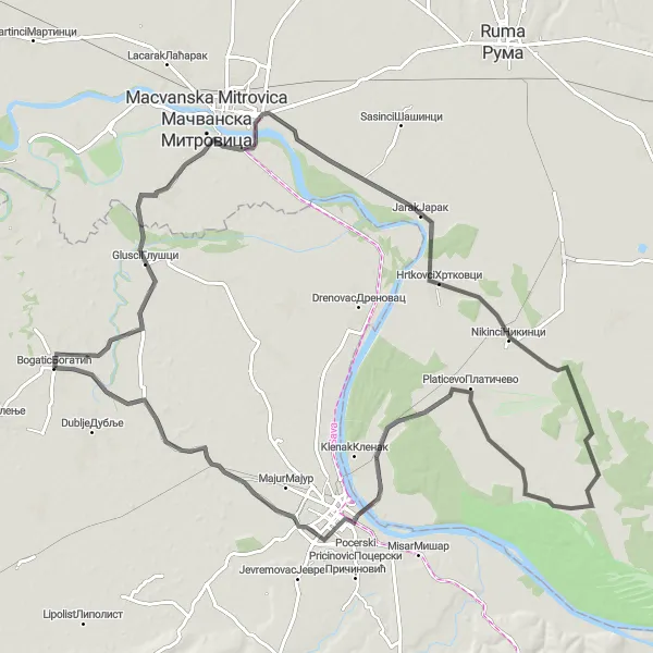 Map miniature of "Road Cycling in the Šabac Region" cycling inspiration in Region Šumadije i Zapadne Srbije, Serbia. Generated by Tarmacs.app cycling route planner