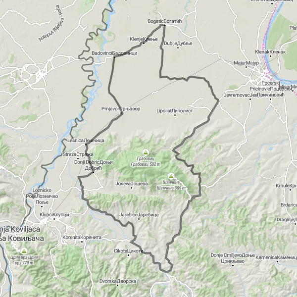 Map miniature of "The Summit Challenge" cycling inspiration in Region Šumadije i Zapadne Srbije, Serbia. Generated by Tarmacs.app cycling route planner